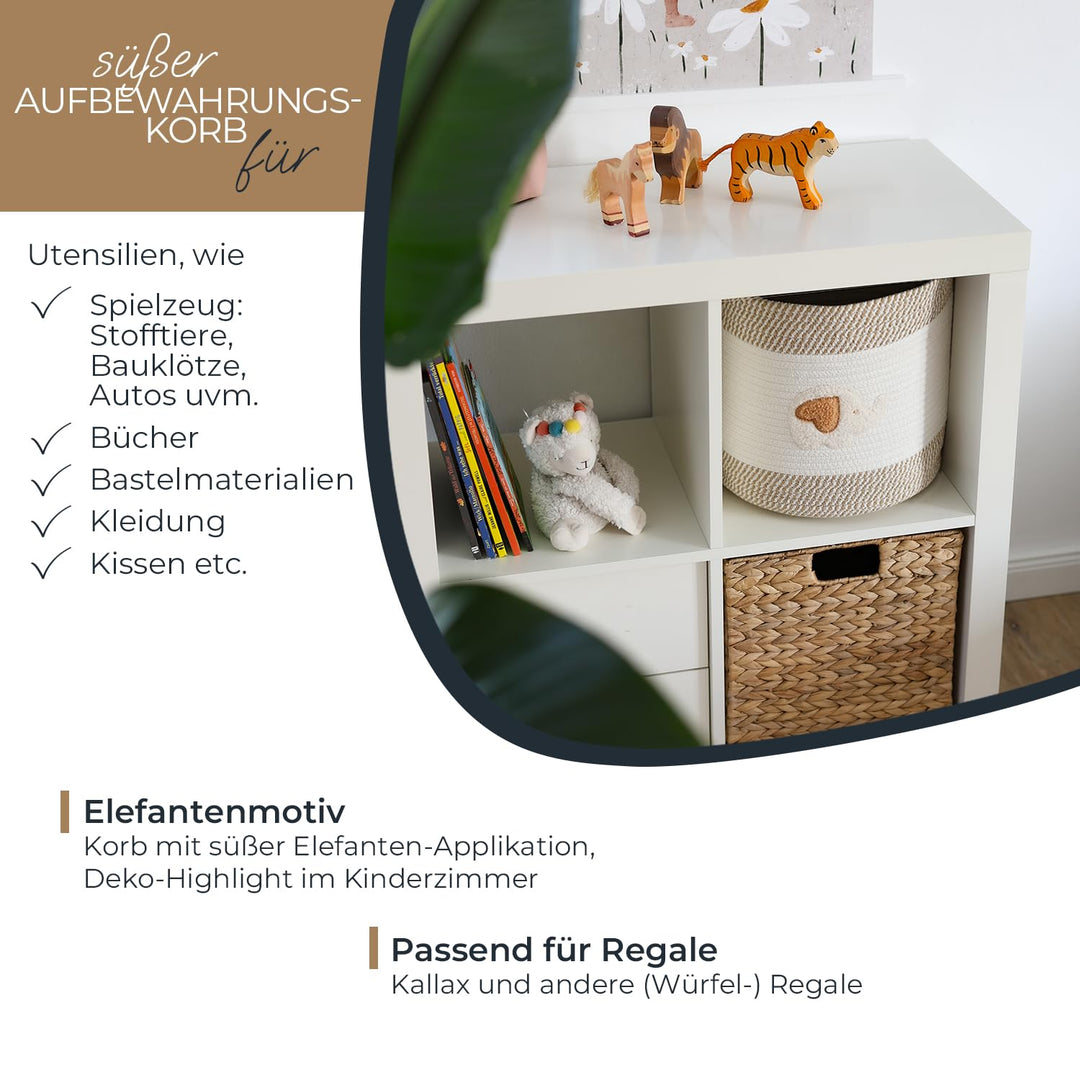 HMF Aufbewahrungskorb mit Griffen, Korb für Kinderzimmer aus Baumwolle | Elefant | 30,5 x 30,5 cm