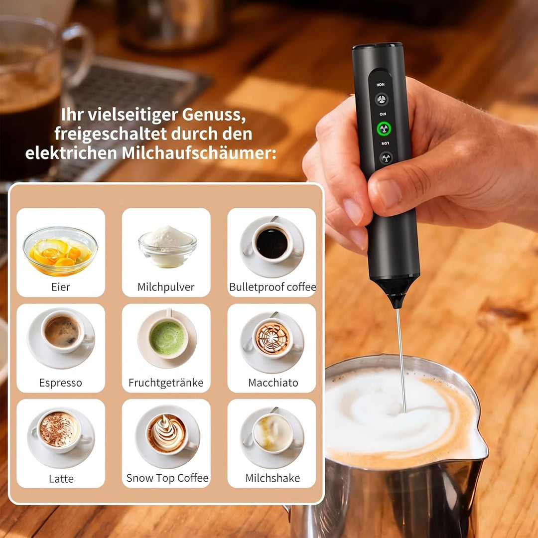 Wiederaufladbarer Hand-Milchaufschäumer mit Ständer, 3 variable Geschwindigkeiten, 3 Quirlaufsätze,
