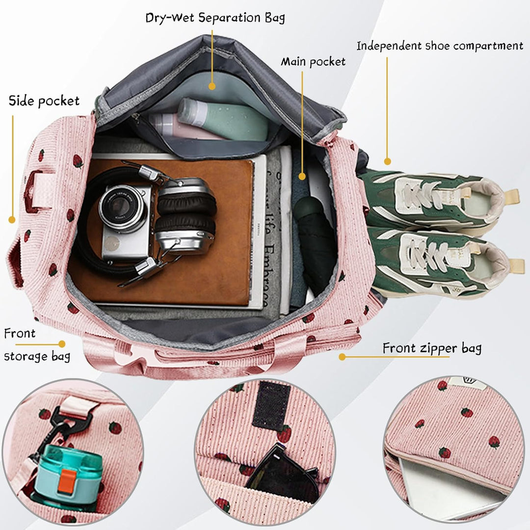 Reisetasche Damen, Sporttasche Damen mit Schuhfach, Nassfach and Kleine Geldbörse, Cord Schwimmtasch
