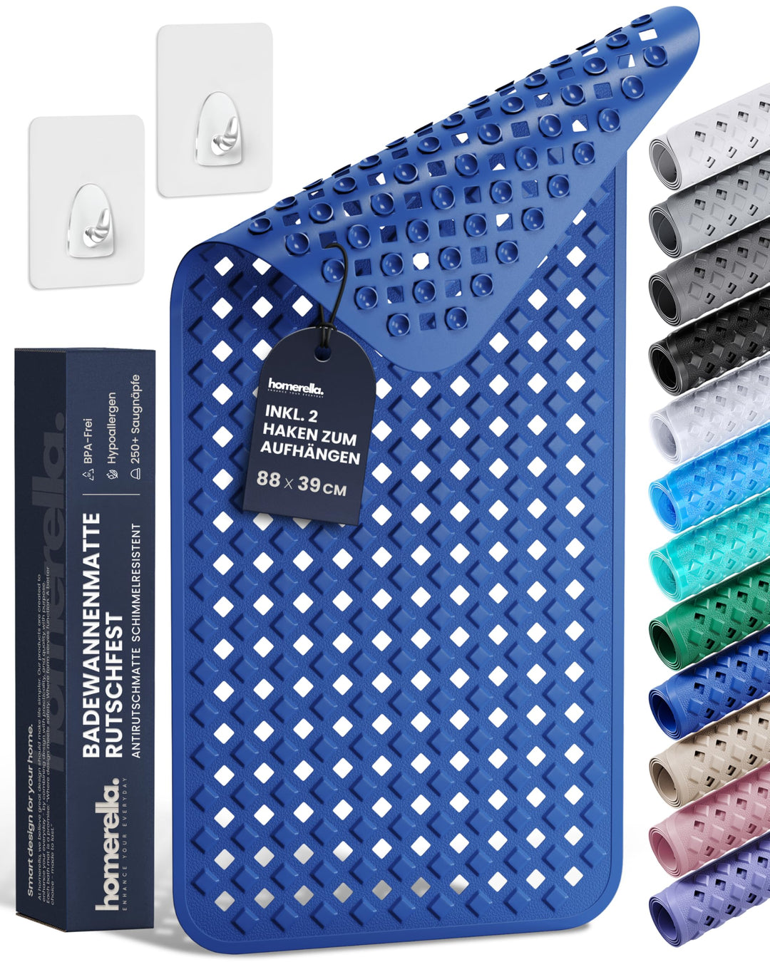 homerella® Badewannenmatte rutschfest 88x39cm, INKL. HAKEN, Rutschfeste Badematte BPA frei, Duschmat