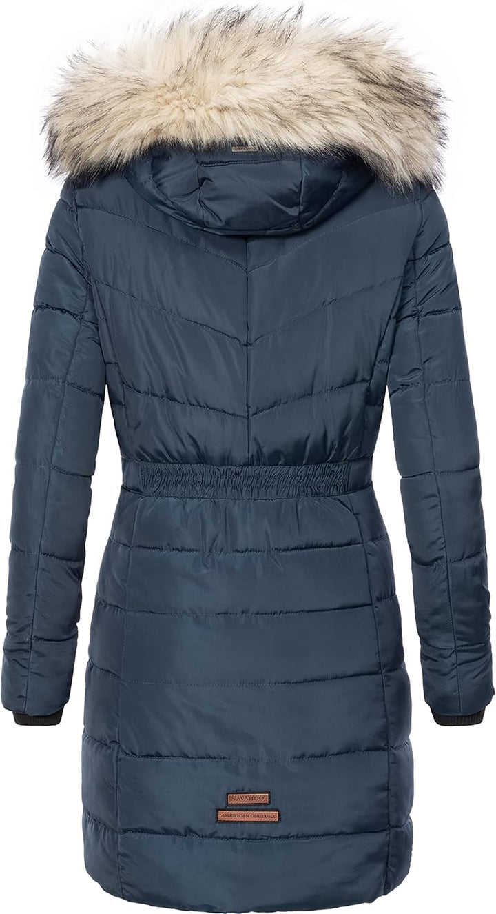 Navahoo Damen Wintermantel warmer Steppmantel lang mit Kapuze Paula XS-XXL S Blau, S Blau
