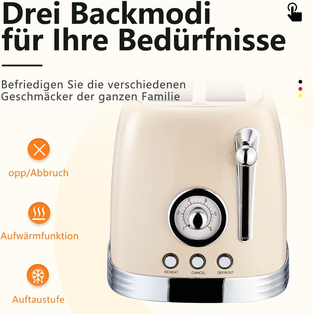 Wiltal Toaster 2 Scheiben, Retro, mit Brötchenaufsatz, mit Deckel aus Edelstahl, Vorheiz-, Auftau- u