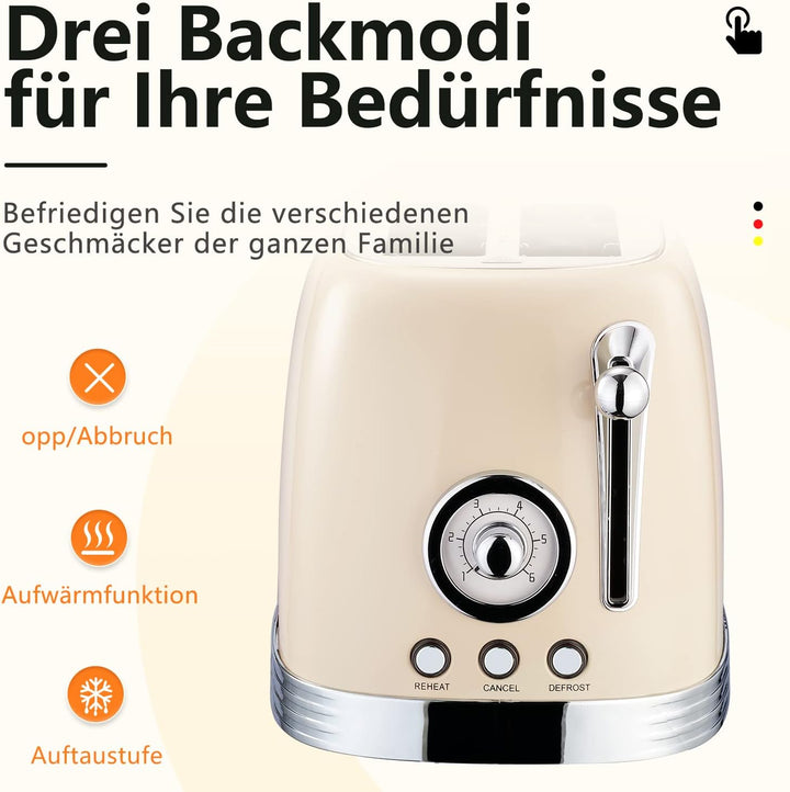 Wiltal Toaster 2 Scheiben, Retro, mit Brötchenaufsatz, mit Deckel aus Edelstahl, Vorheiz-, Auftau- u