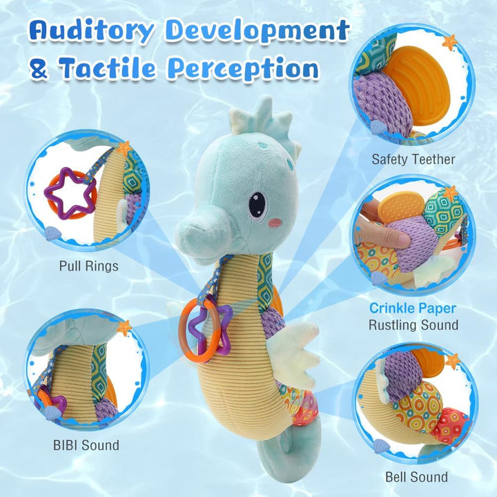 Multifunktionales Kleinkindspielzeug Buntes Baby Spielzeug mit Musik, Plüsch Seepferdchen zum Beisse