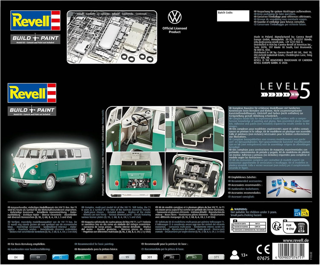 Revell 07675 Volkswagen VW T1 Bus Bulli, Automodellbausatz 1:24, 18 cm originalgetreuer Modellbausat