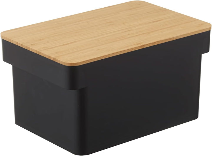 Yamazaki 4947 TOWER Brotkasten mit Messerablage, schwarz, Polypropylen/Bambus, Minimalistisches Desi