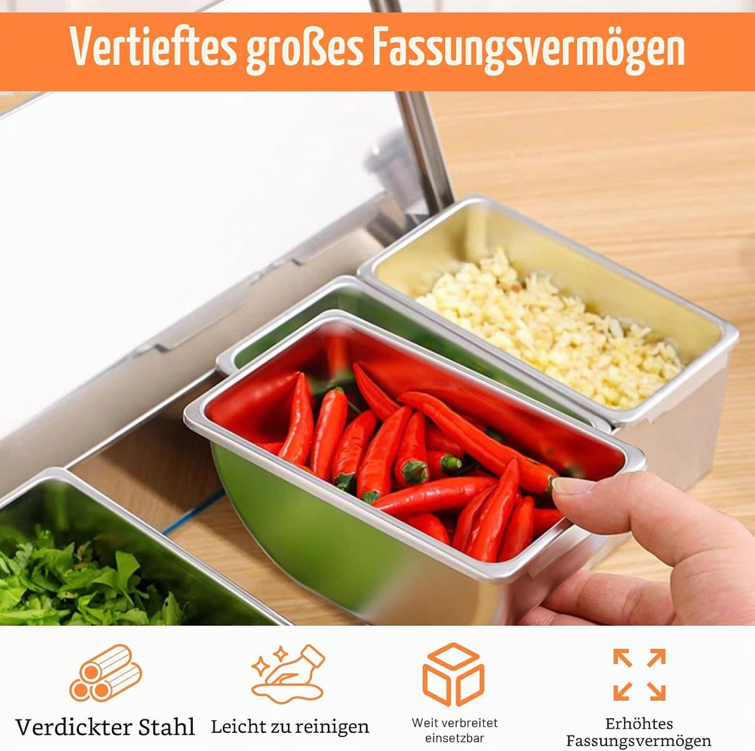 Zutatenbehälter Edelstahl, Pizza Zutatenbehälter, 4 Fächer Mit Deckel Und Löffel Dick Wandig Langleb