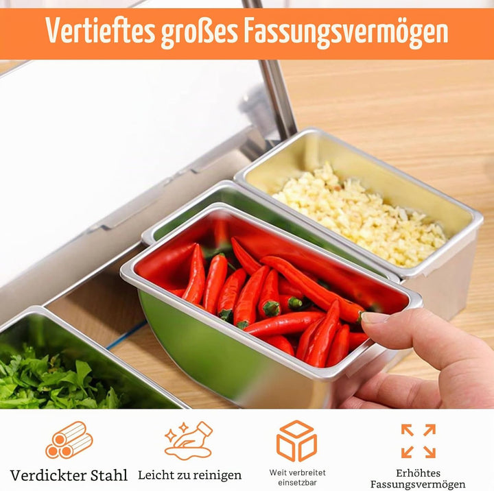 Zutatenbehälter Edelstahl, Pizza Zutatenbehälter, 4 Fächer Mit Deckel Und Löffel Dick Wandig Langleb