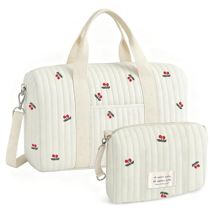 Grosse Kliniktasche Geburt Set 2-teilig, Wickeltasche Baumwolle mit Kirsch-Stickerei, Muttertasche f