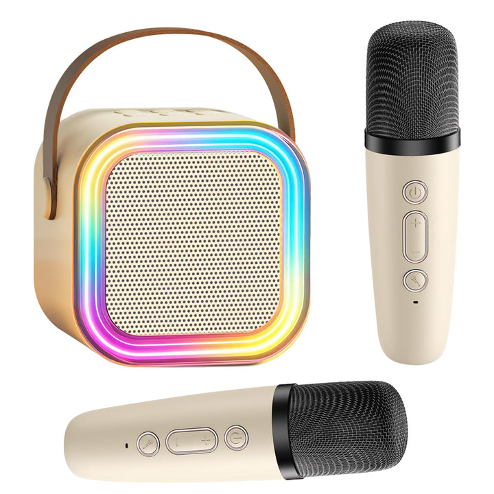 Karaoke Set für Kinder mit 2 kabellosen Mikrofonen – Bluetooth Lautsprecher mit LED Discolichtern &