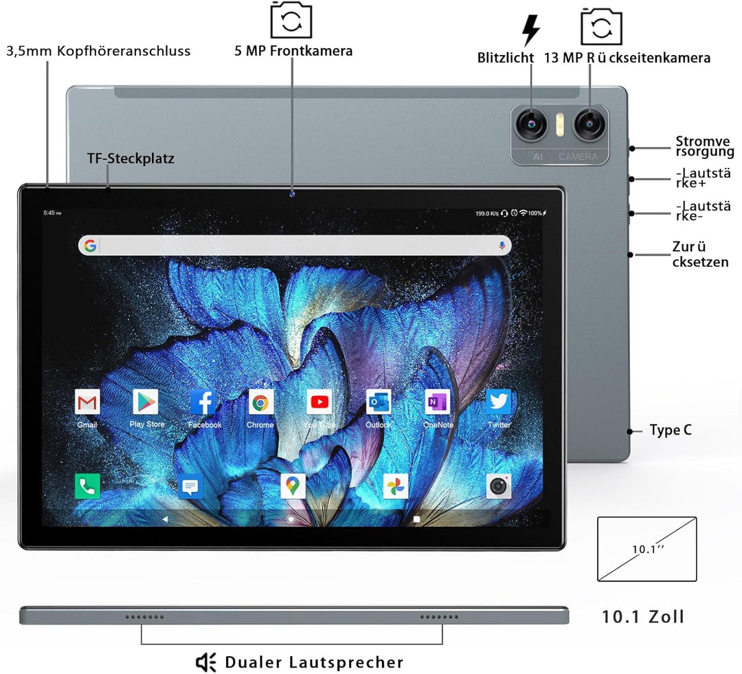 KADYBE 2024 Neueste WLAN 6 Android 14 Tablet 10 Zoll,64GB ROM (512GB TF),Octa-Core,| Google GMS-Zert