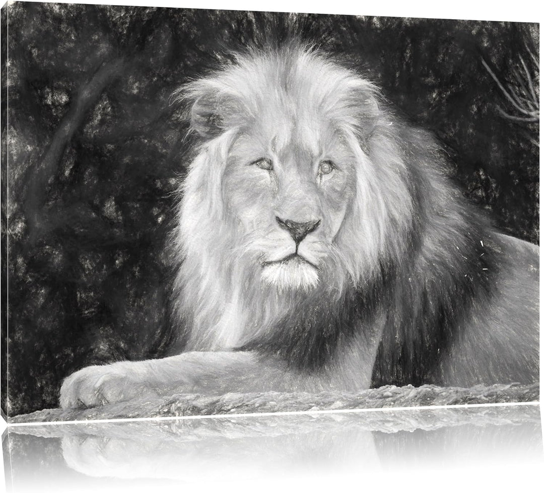 maiestätischer Löwe auf Stein schwarz/weiss Deluxe Format: 100x70 cm auf Leinwand, XXL riesige Bilde