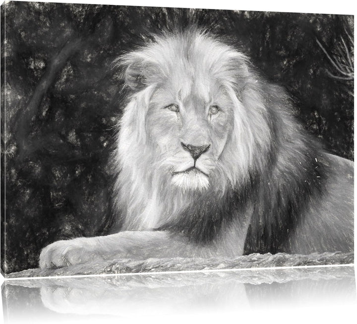 maiestätischer Löwe auf Stein schwarz/weiss Deluxe Format: 100x70 cm auf Leinwand, XXL riesige Bilde