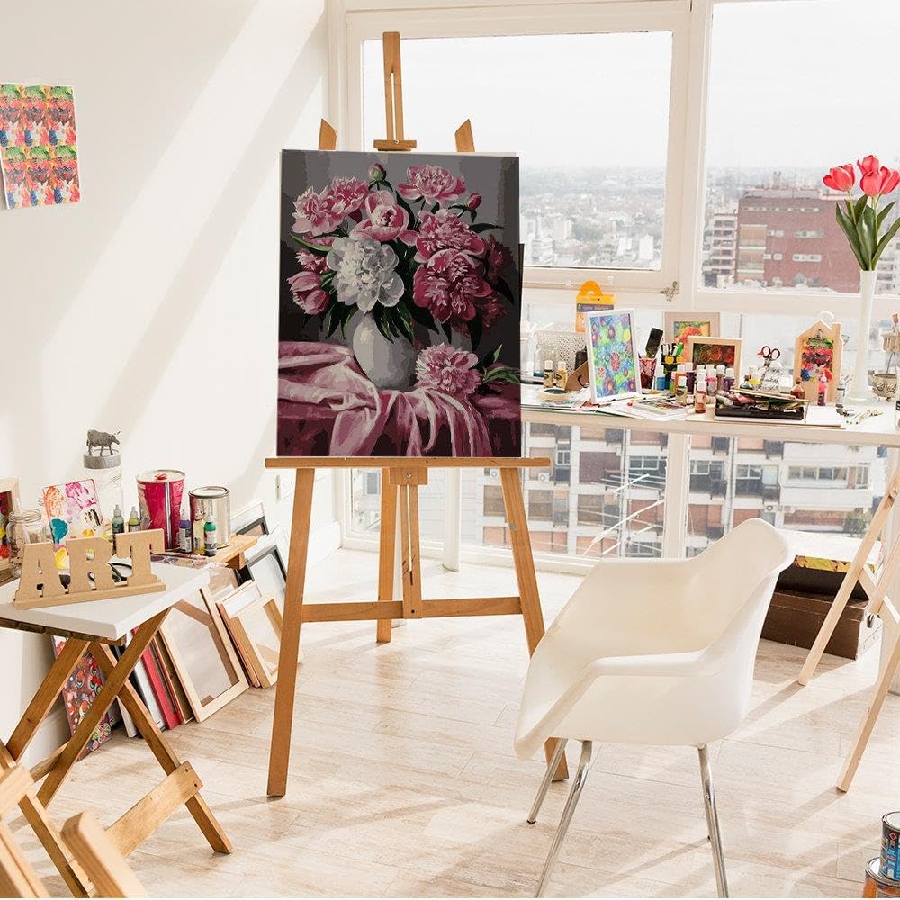 Artnapi Malen nach Zahlen Erwachsene mit Rahmen | DIY Handgemalt | Blumen - Rosa und weisse Pfingstr