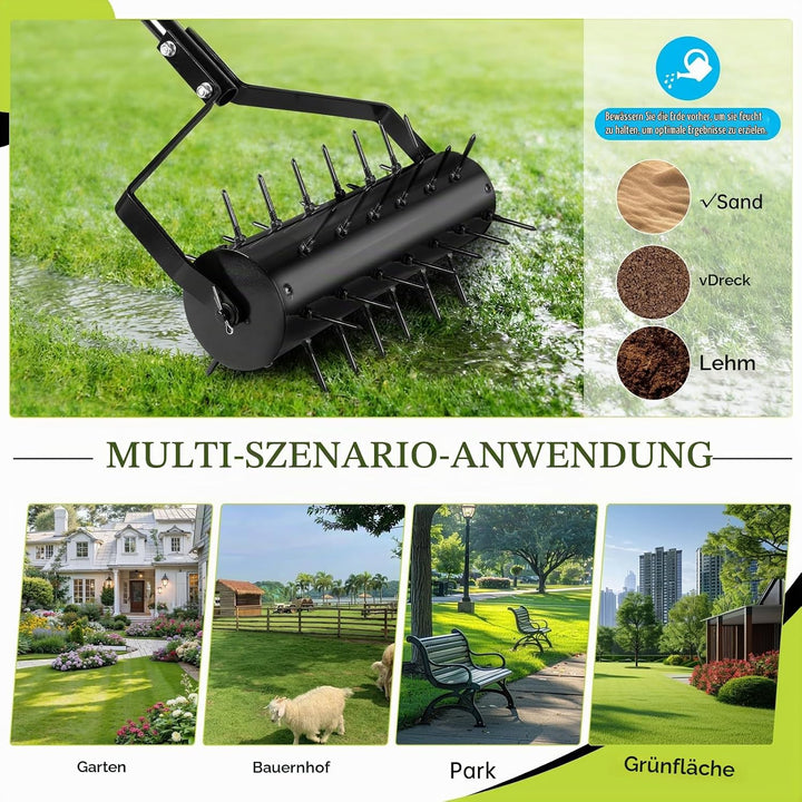 Rasenbelüfter Manuell Rollender Aerifizierer 44 x 141cm Handvertikutierer mit 39 Nägeln (5,8cm) und