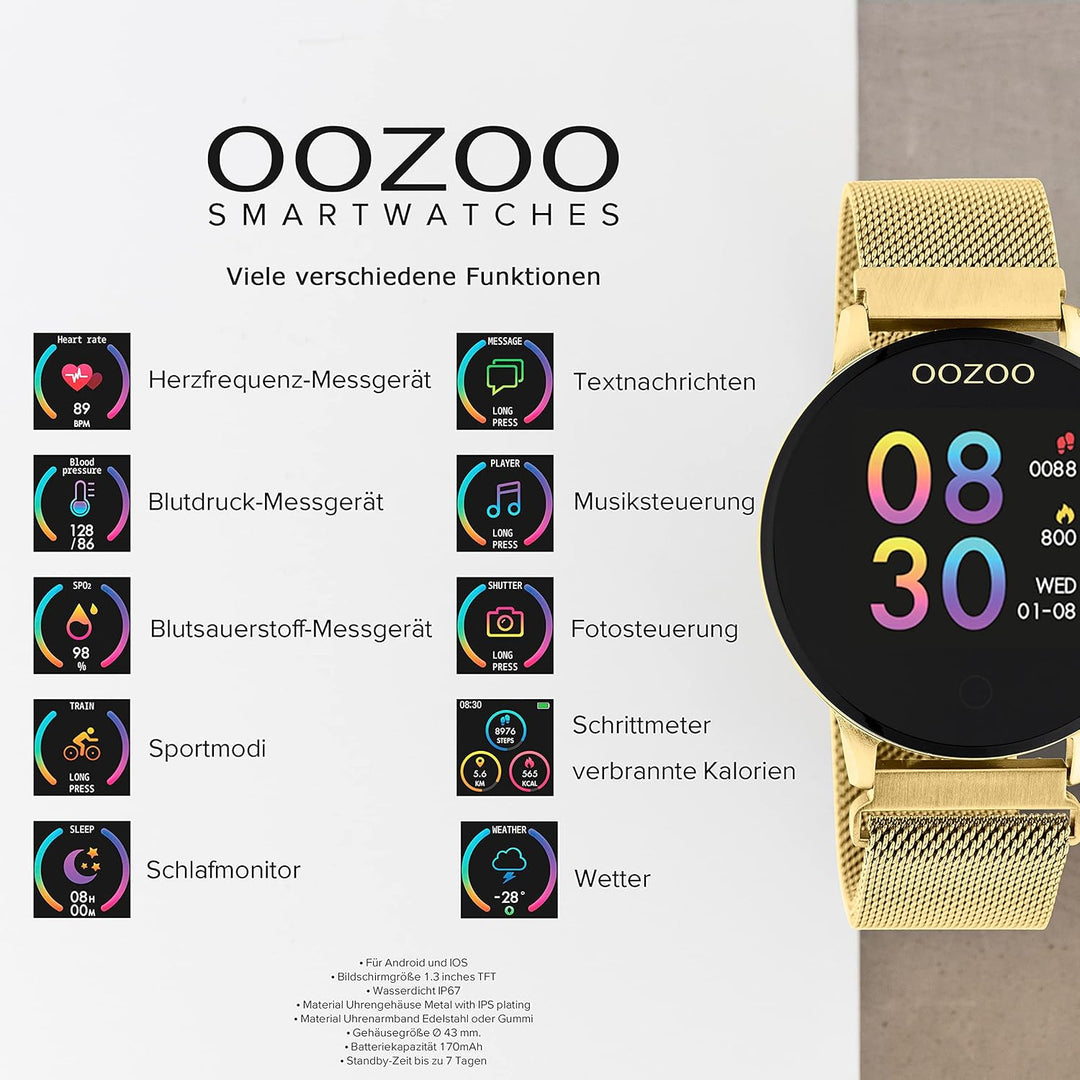Oozoo Smartwatch Unisex Fitnessuhr (Gold/Gold Metall), Gold/Gold Metall