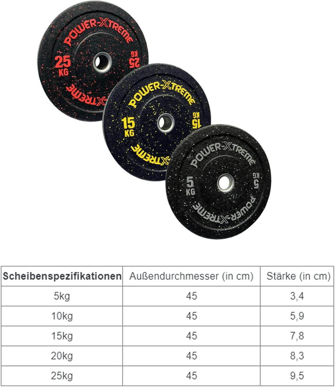 POWER-XTREME Hantelscheiben | Bumper Plates | Gewichtsscheiben | 50mm | Gummigranulat | Grössenauswa