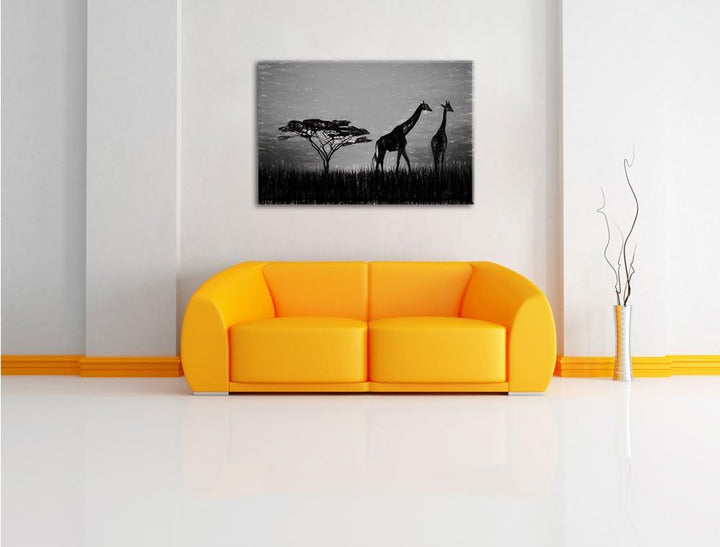 Pixxprint Giraffen im Sonnenuntergang als Leinwandbild/Grösse: 100x70 cm/Wandbild/Kunstdruck/fertig