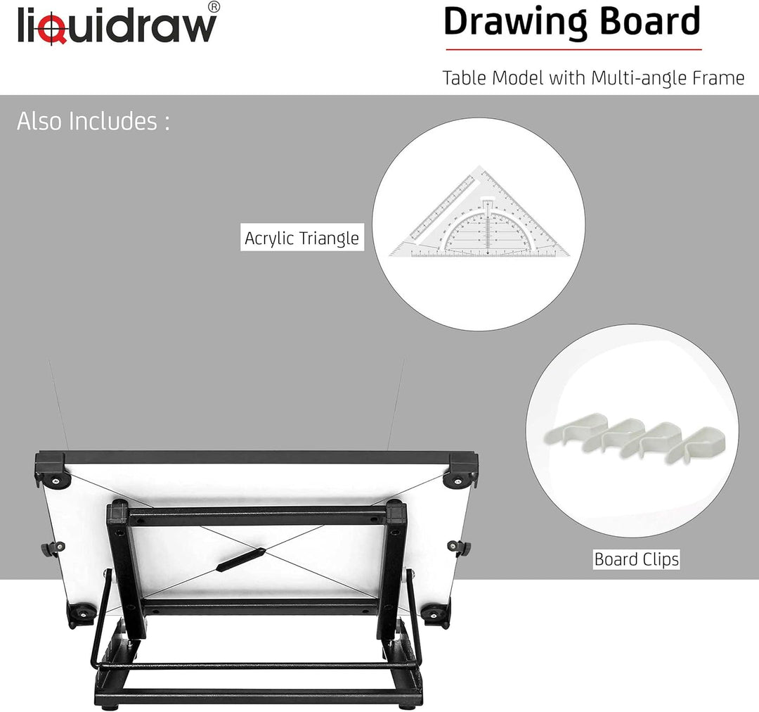 Liquidraw TTM03 Zeichenbrett, A3, mit 5 einstellbaren Arbeitswinkeln, Clips und quadratischem Quadra