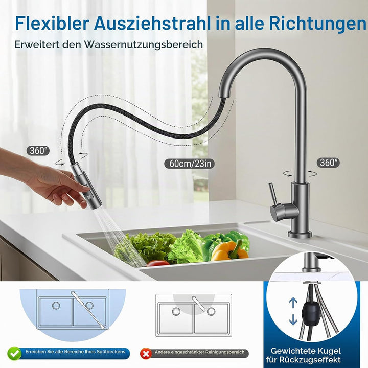 Wasserhahn Küche, Hoher Bogen Küchenarmatur mit Herausziehbarer Brause Ausziehbar Armatur 360° Schwe