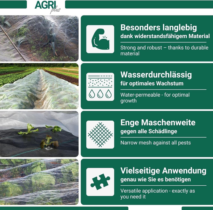 AGRI plus Gemüseschutznetz 3 x 100 m I Verschiedene Grössen I Reissfestes Kulturschutznetz I Transpa