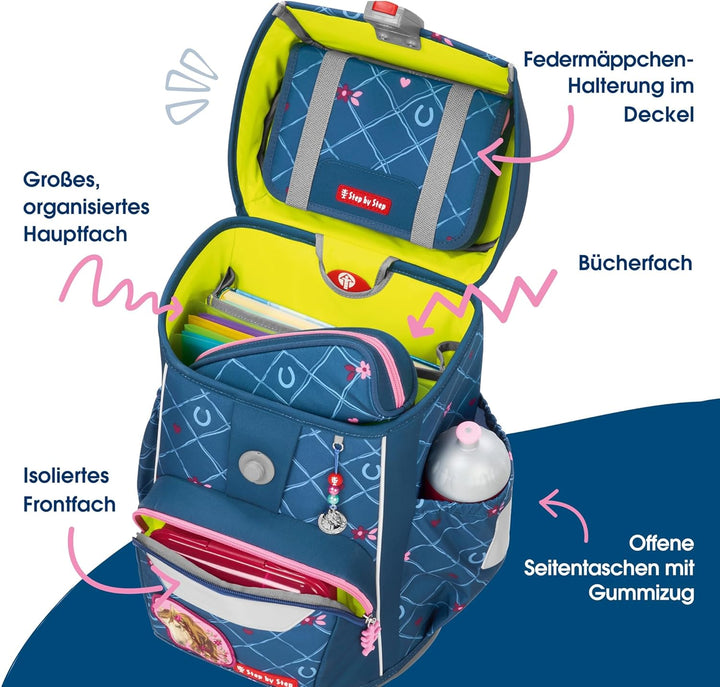 Step by Step Giant Schulranzen-Set „Horse Lima“, 5-teilig, blau, ergonomischer Tornister mit Reflekt