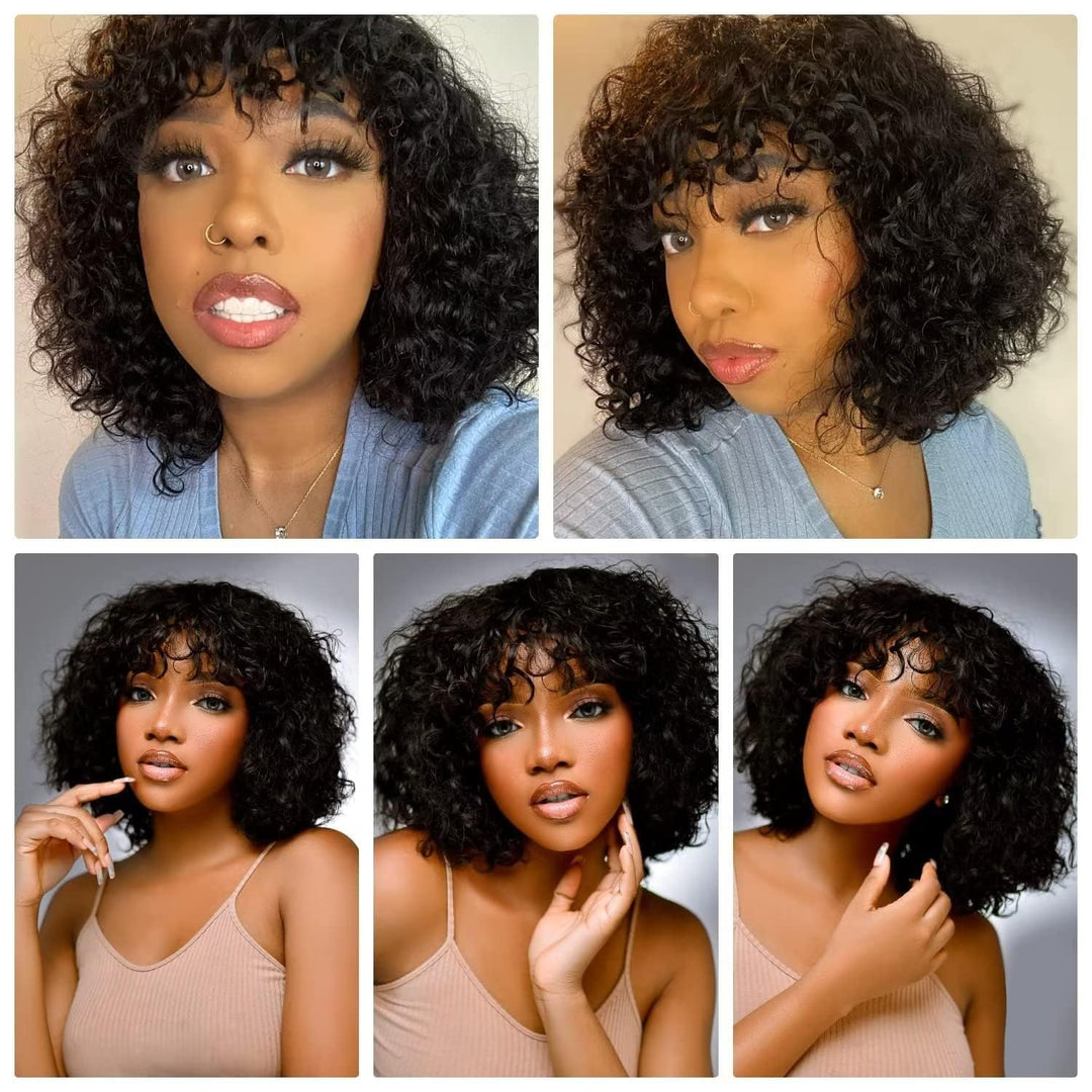 Echthaar Perücke mit Pony Kurze lockige Bob Perücke Echthaar Jerry Curl Bob Perücke für schwarze Fra