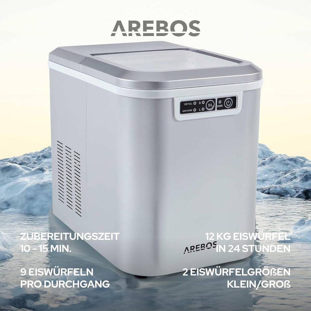 Arebos Eiswürfelmaschine | Ice Cube Maker | 12 kg / 24 h | 10-15 Minuten Produktionszeit | 2 Eiswürf