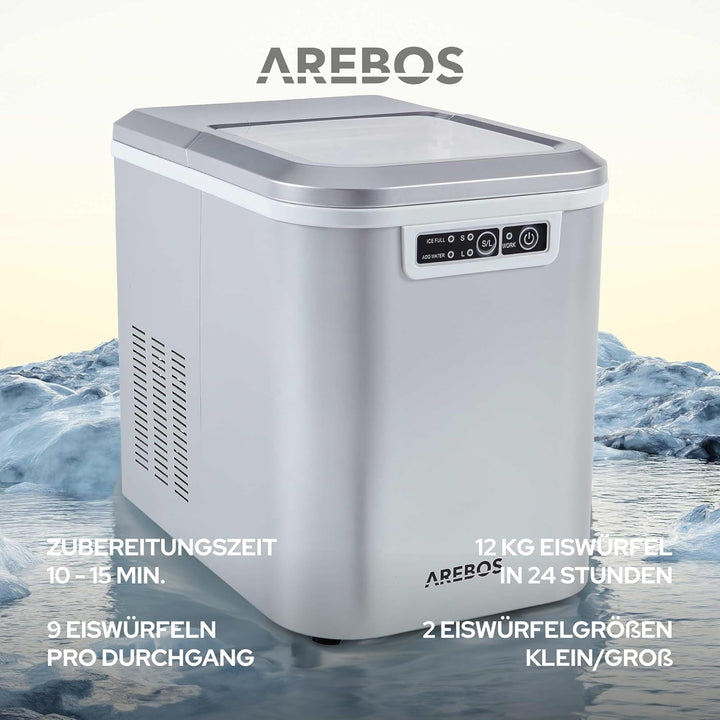 Arebos Eiswürfelmaschine | Ice Cube Maker | 12 kg / 24 h | 10-15 Minuten Produktionszeit | 2 Eiswürf