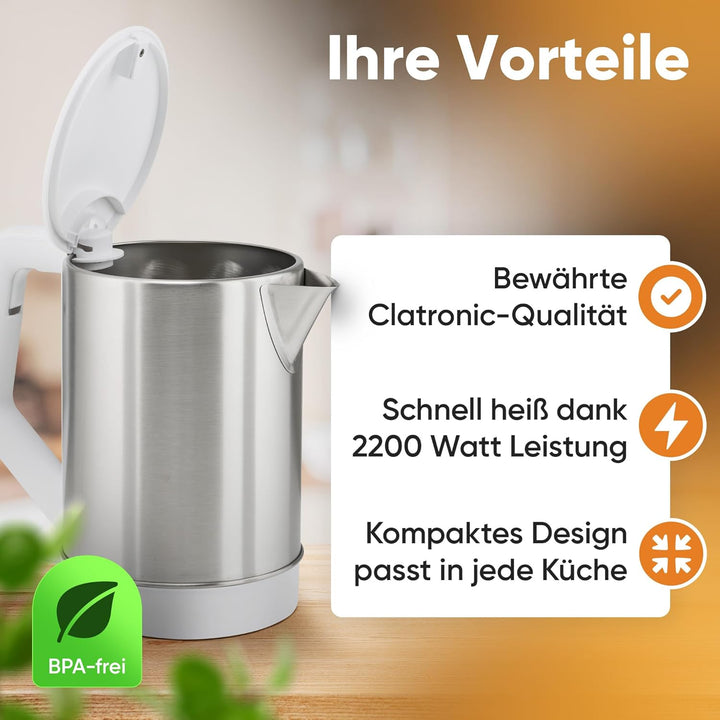 Clatronic® Wasserkocher | 1.5 Liter Füllmenge | Sicherheitsklappdeckel | 2200 W Leistung | verdeckte