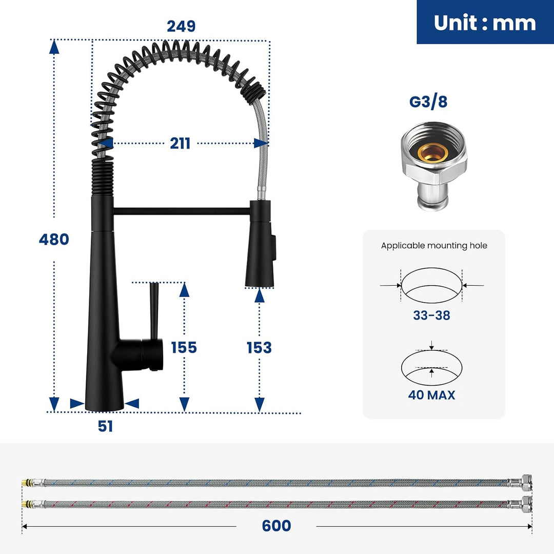 CECIPA Wasserhahn Küche Schwarz, Küchenarmatur mit Herunterziehen Brause und 3 Strahlarten, Armatur