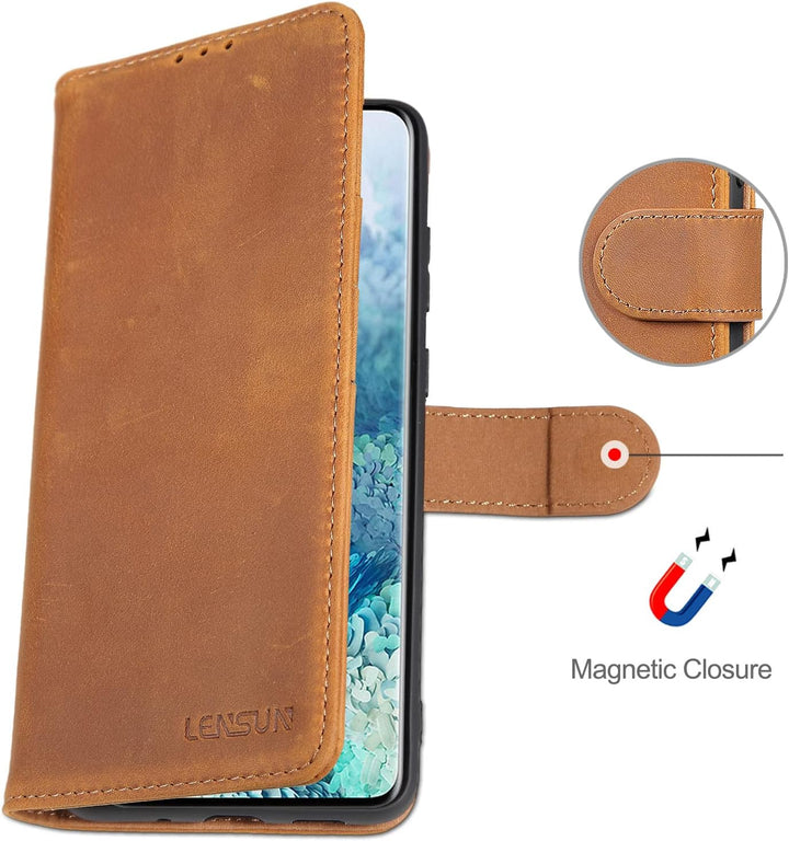 LENSUN Echtleder Hülle für Samsung Galaxy S20 Plus, Handyhülle [Echtes Leder] [Magnetverschluss] [Ka