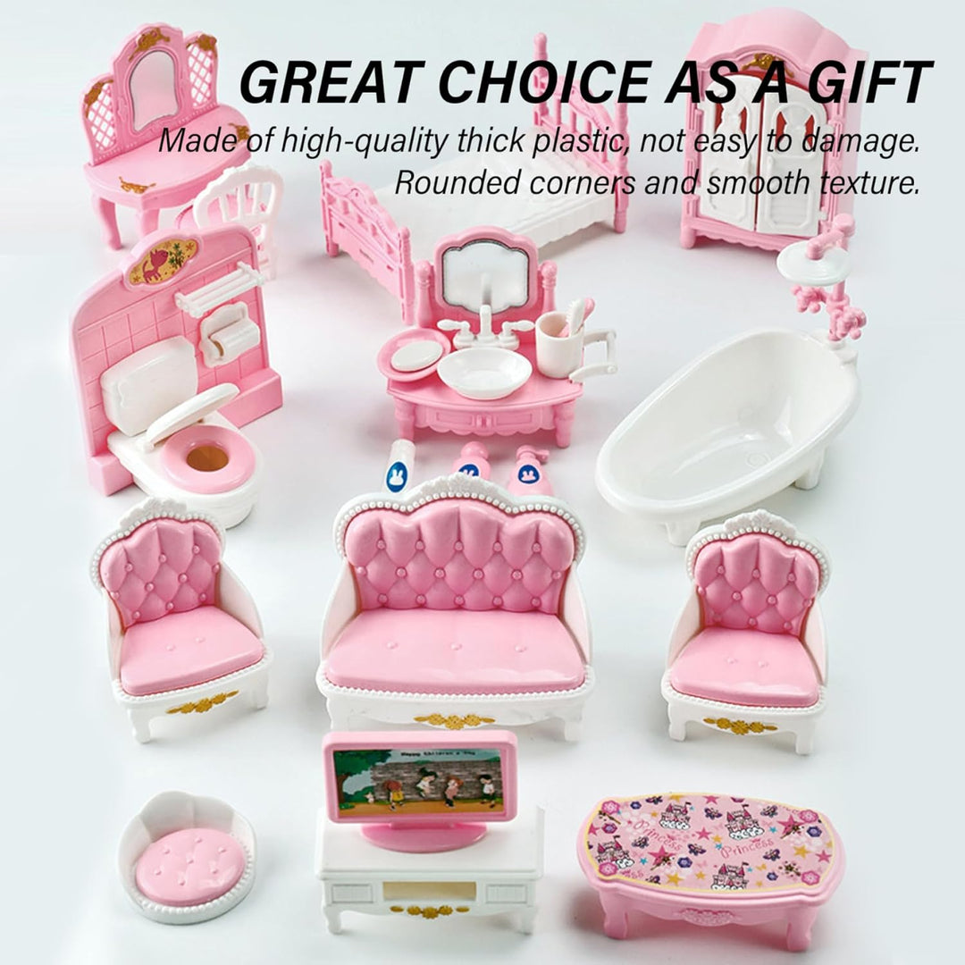 4 Sets Dollhouse Möbelset, realistische Plastikpuppenhausminiaturen umfassen Küchen, Schlafzimmer, B