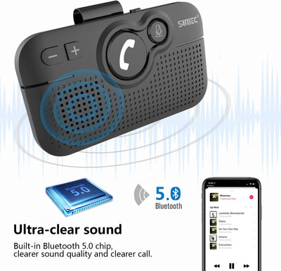 SUNITEC Freisprecheinrichtung für Auto,Bluetooth 5.0,Unterstützt GPS,Siri,Musik,Auto Power On,Google