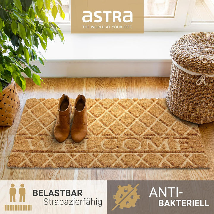 Astra Moderne Fussmatte Haustür - Kokosmatte 45x75cm Welcome Natur - rutschfeste Schmutzfangmatte ro