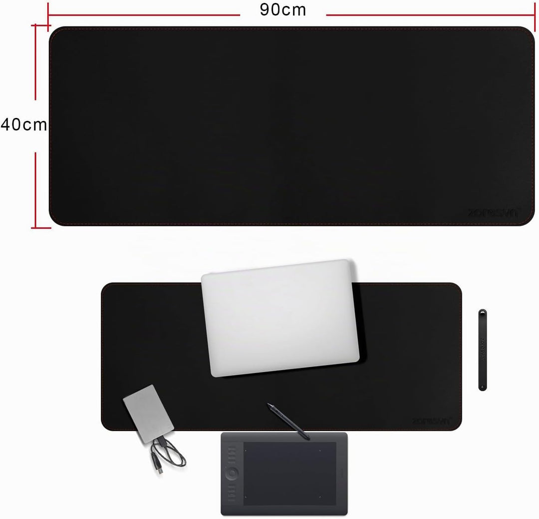 ZORESYN XL Schreibtischunterlage aus PU-Leder – rutschfeste Büro- & Gaming-Mauspad (90x40 cm) – Schw