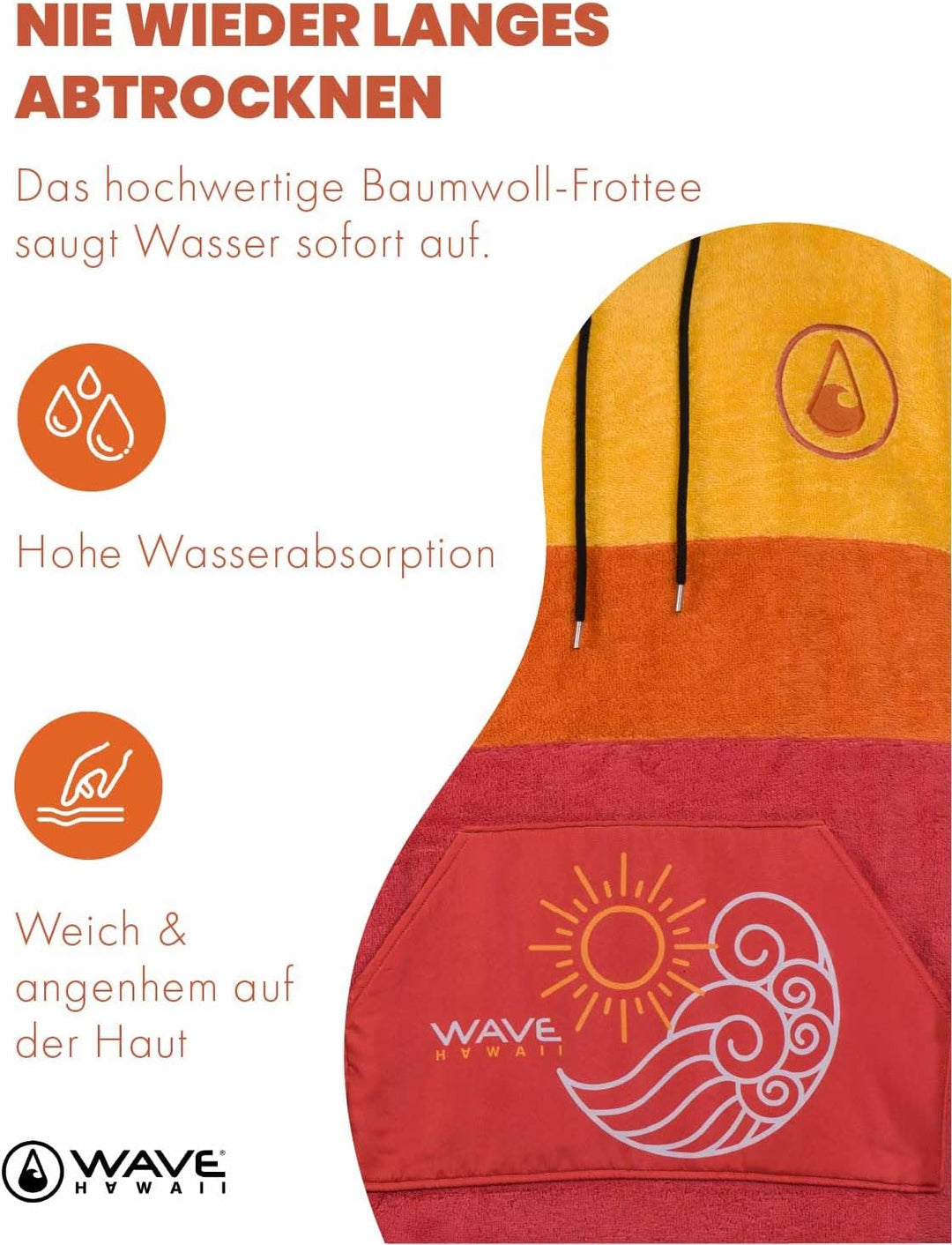 WAVE HAWAII Bade-Poncho Damen & Herren “Paia” | Grösse S 145-175cm I 95% Baumwolle Surf-Poncho für E
