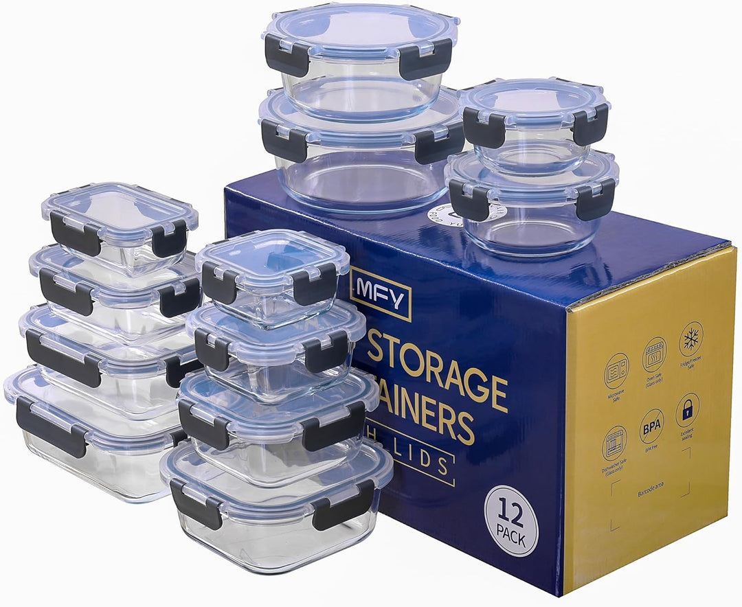 MFY 12 Stück Glasbehälter mit Deckel, Frischhaltedosen mit Deckel, Meal Prep Boxen Glas mit 12 Behäl