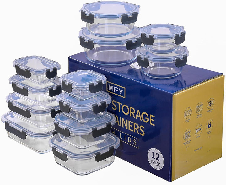 MFY 12 Stück Glasbehälter mit Deckel, Frischhaltedosen mit Deckel, Meal Prep Boxen Glas mit 12 Behäl