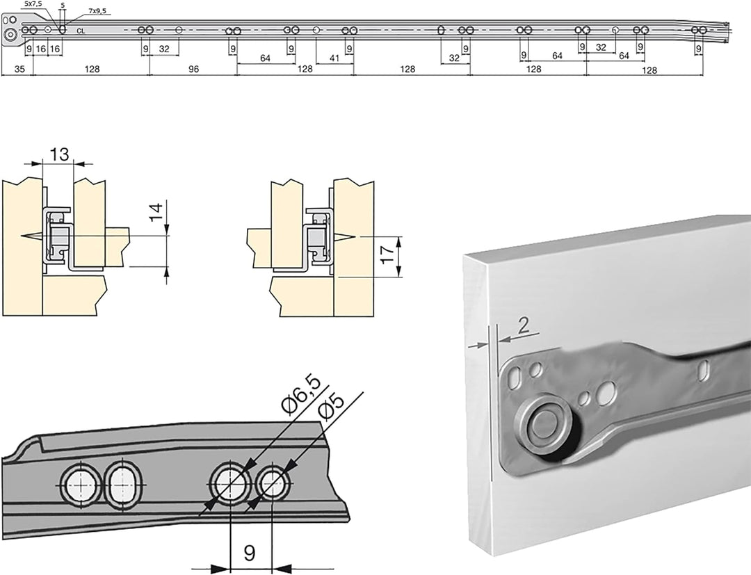Emuca - Schubladenführungen mit Rollen und Teilauszug, Weiss lackiert, 800 mm, 5 Stück L 800mm Weiss