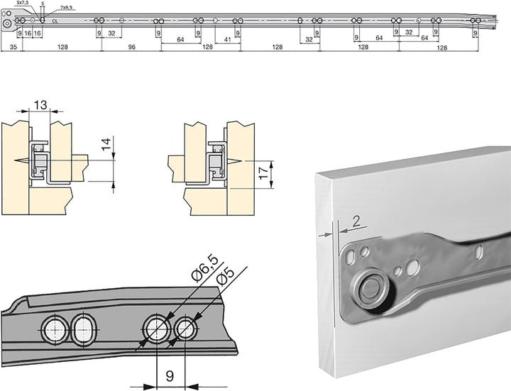 Emuca - Schubladenführungen mit Rollen und Teilauszug, Weiss lackiert, 800 mm, 5 Stück L 800mm Weiss