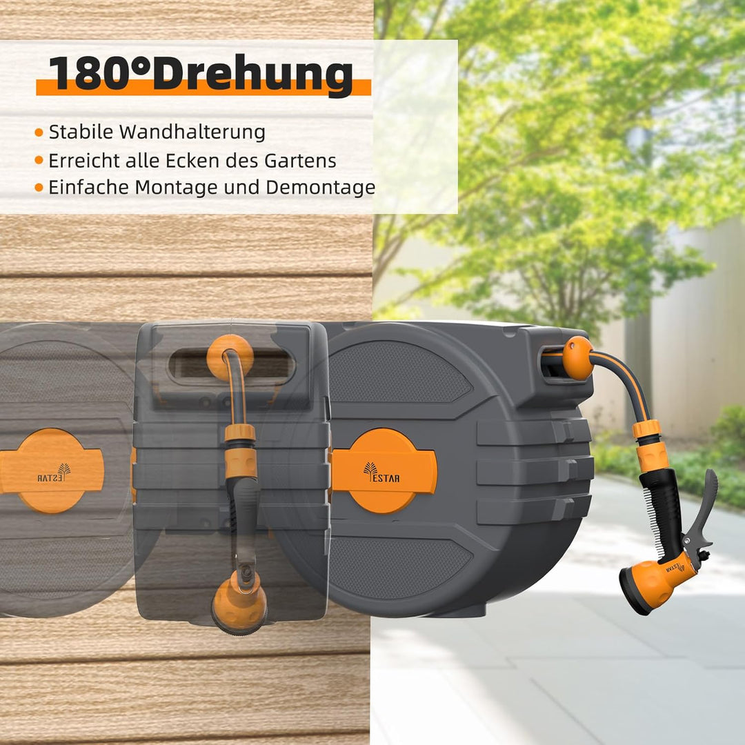 Schlauchtrommel 25m+2m, Schlauchaufroller mit Aufroll-Automatik & 180° Schwenkbar, Wand-Schlauchbox