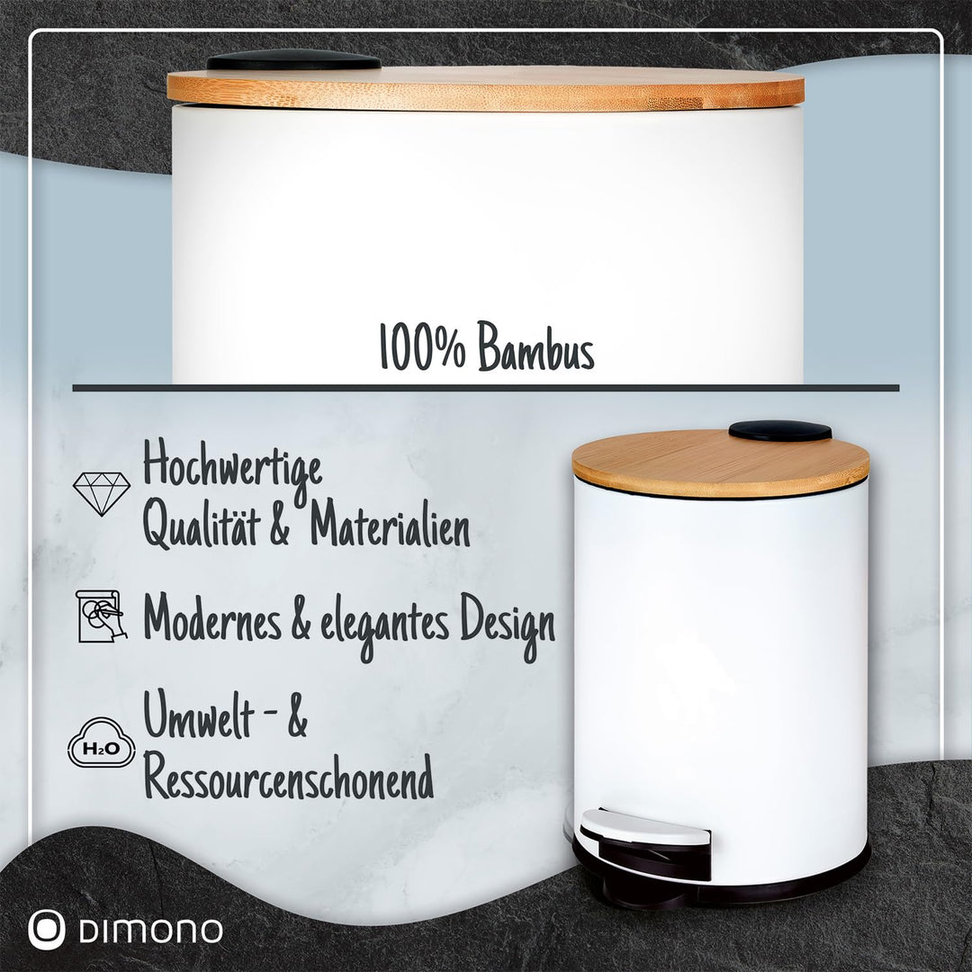 Dimono® Kosmetikeimer Bad-Mülleimer Abfalleimer 3 und 5 Liter Tret-Eimer mit flachem Bambus-Deckel u