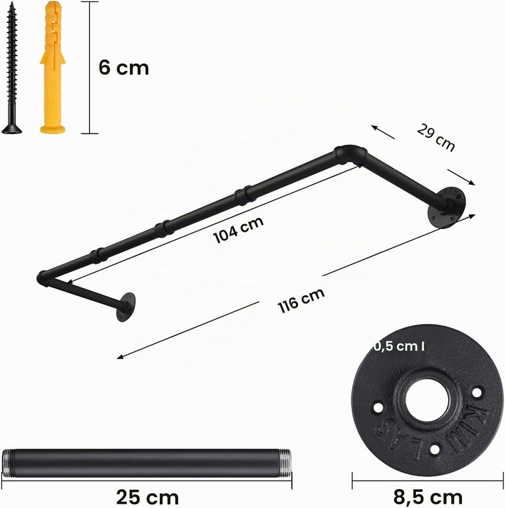 Kleiderstange Wandmontage 100cm, Industrial Rohre Metall Garderobenstange Wand für Kleiderbügel, Abn