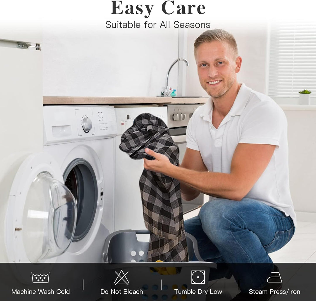 FashGudim Bademantel Herren 100% Baumwolle Lang Kariert Herren Morgenmantel Leicht Sommer XL Schwarz