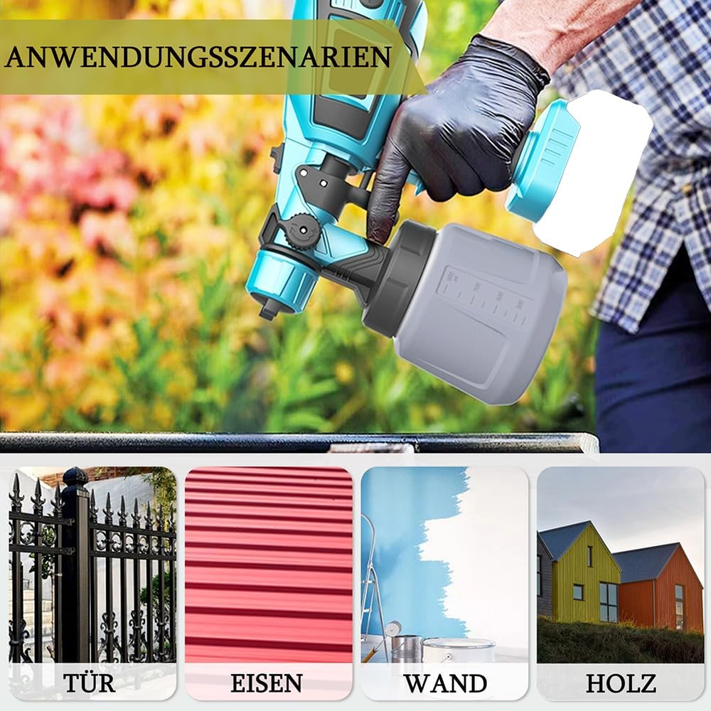 Akku-Farbsprühsystem für Makita 18V Akku, 1000ml Behälter Farbsprühgerät, mit 3 Düsen und 3 Spritzmu