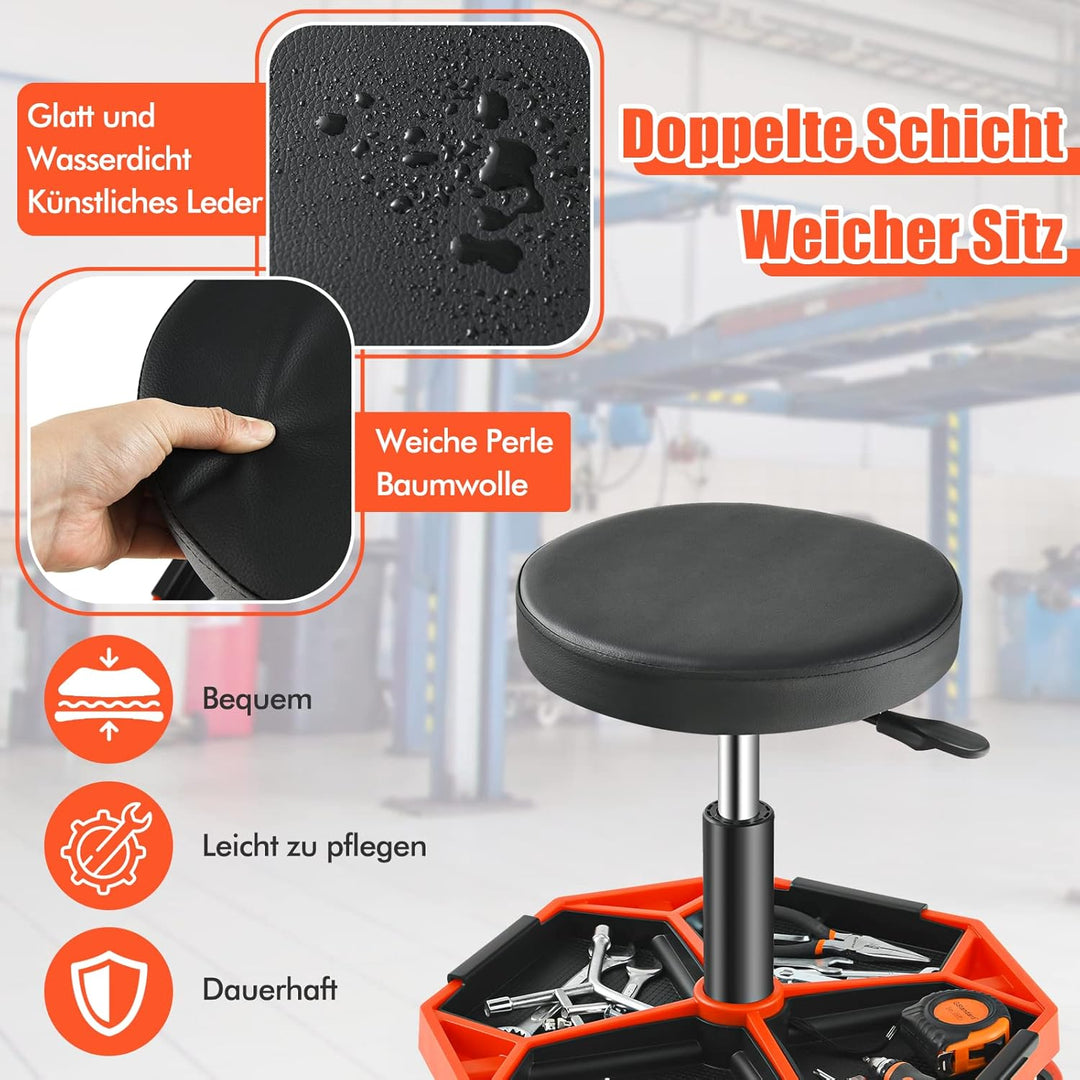 GOPLUS Werkstatthocker 41-56cm höhenverstellbar, Rollhocker mit Werkzeugablage & 4 Universalrädern,