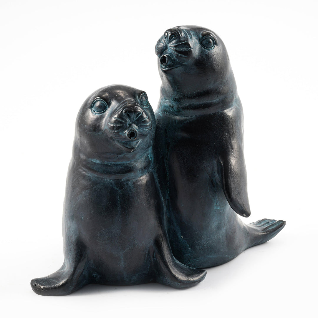 Wasserspeier Figur Seehundpaar aus Kunststein - (L x B x H): ca. 260 x 160 x 220 mm - Schlauchanschl
