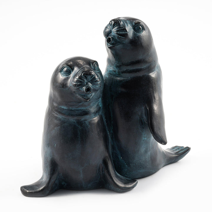 Wasserspeier Figur Seehundpaar aus Kunststein - (L x B x H): ca. 260 x 160 x 220 mm - Schlauchanschl