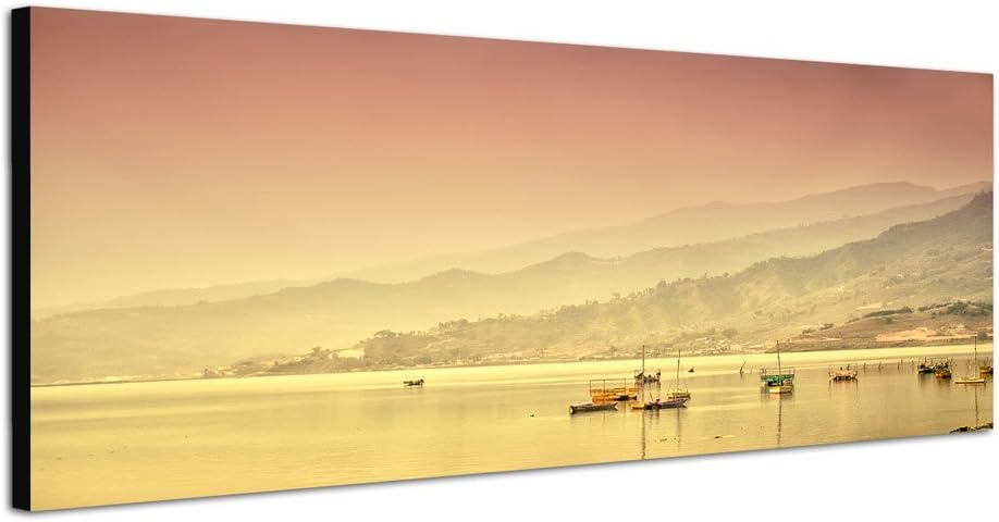 Paul Sinus Art Panoramabild auf Leinwand und Keilrahmen 150x50cm See Boote Berge Nebel Dämmerung